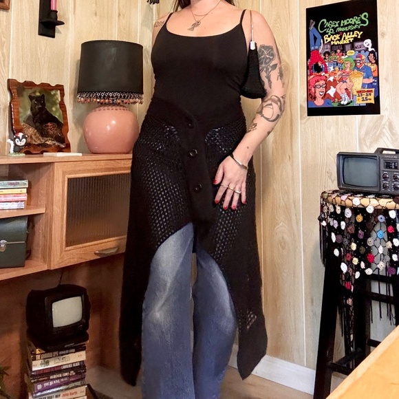 Black Knit Mesh Button Up Wrap 2000s - Picture 5 of 7